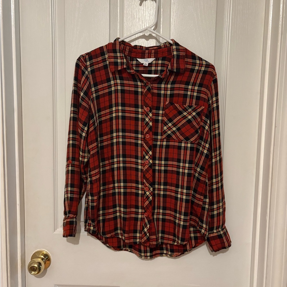 Time and Tru Red White Black Plaid Shirt Womens Sz S  4-6 Chest Pocket.
